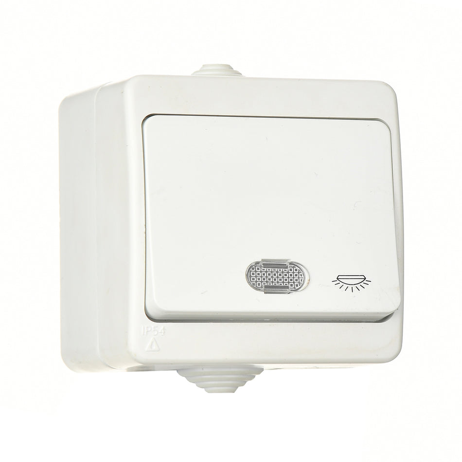 Günsan Aufputz Taster Lichttaster 10AX/250V~ mit Lichtsymbol und Beleuchtung für Feuchtraum IP54 weiss