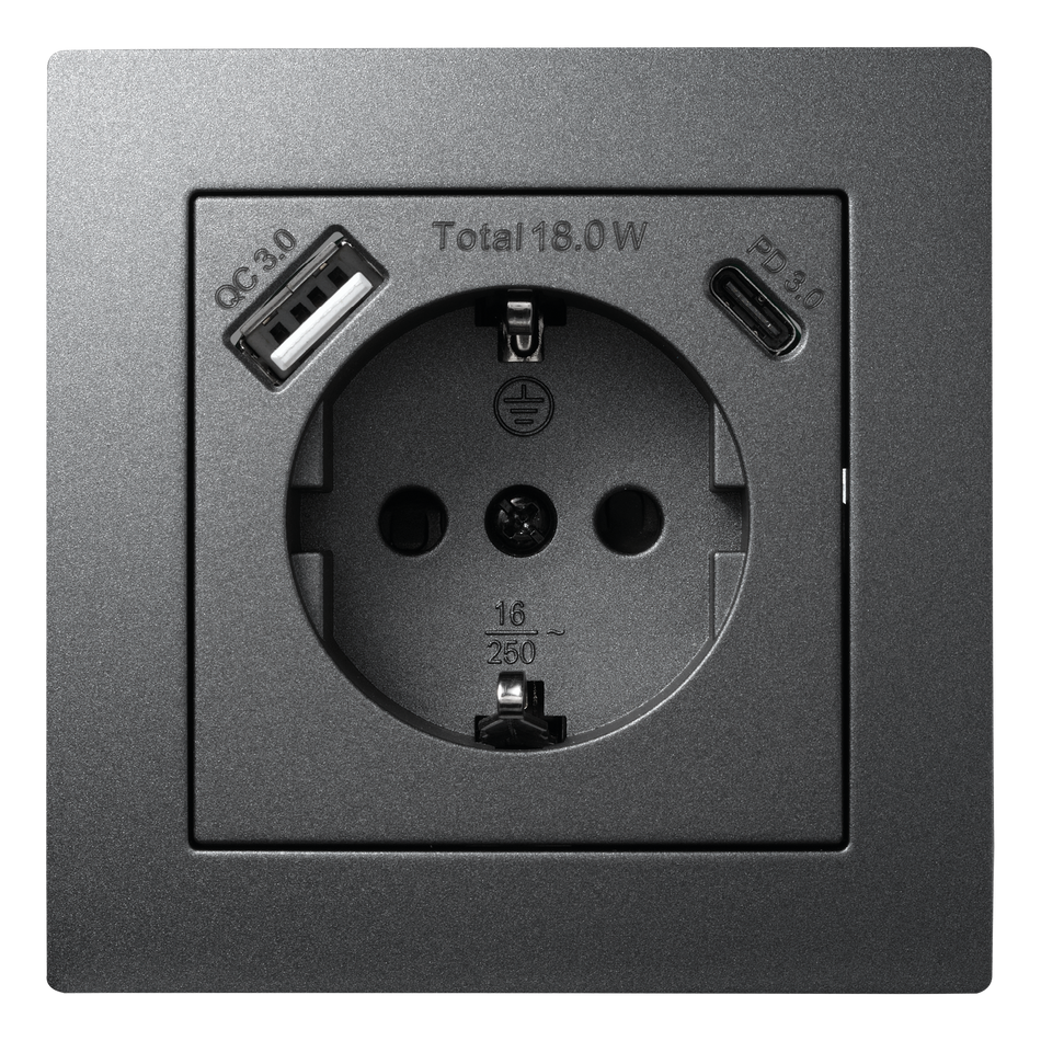 McPower "Flair" Schutzkontakt-Steckdose mit 1x USB-C 18W PD, 1x USB-A, UP, anthrazit