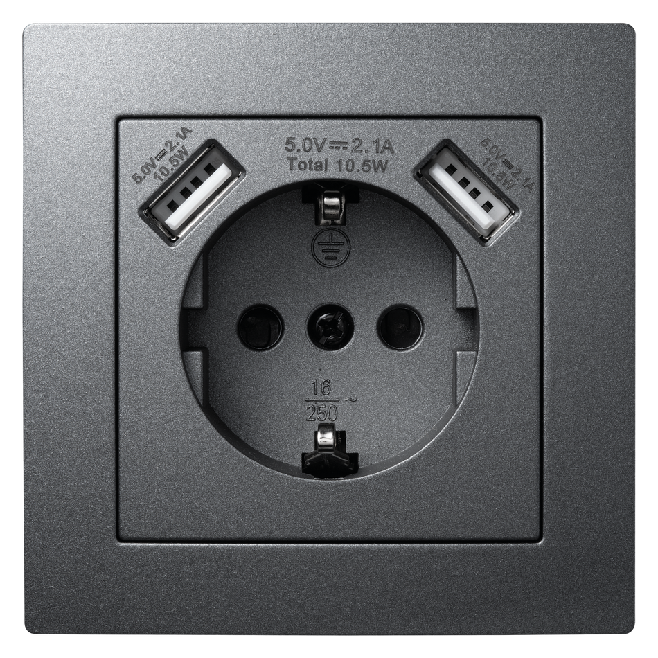 McPower "Flair" Schutzkontakt-Steckdose mit 2x USB, 250V, 5V/2,1A, UP, anthrazit
