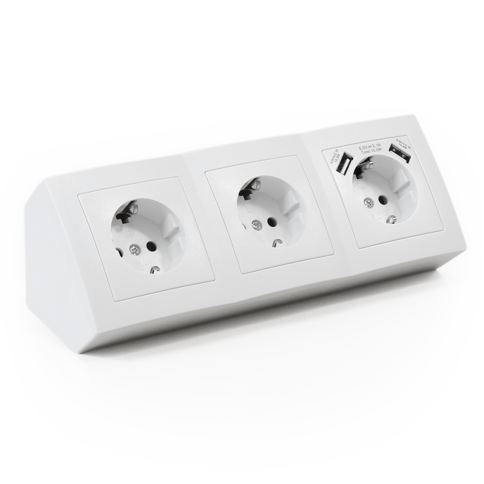 McPower "Flair" Steckdosenblock Aufbau, 2 x SCHUKO-Steckdose mit erhöhtem Berührungsschutz + 1 x SCHUKO Steckdose mit 2 x USB, weiß,