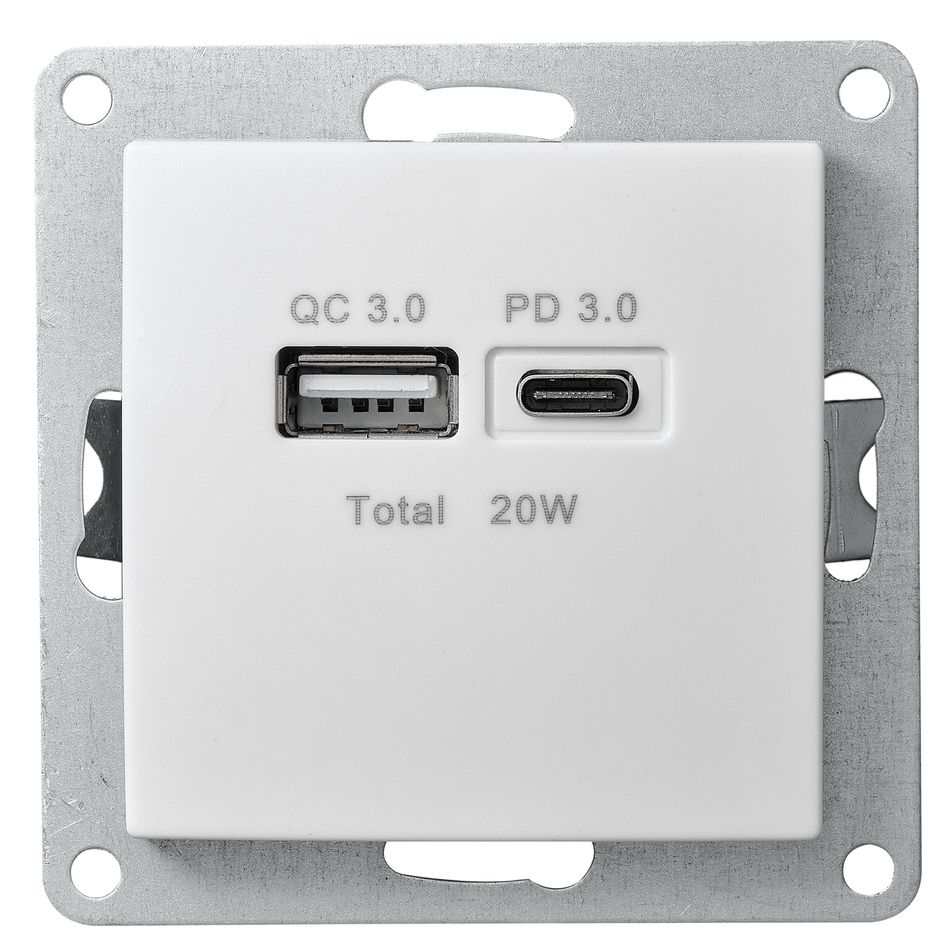 McPower "Flair" 2-fach USB-Ladedose, USB-A + USB-C, PD 3.0 20W, UP, weiß