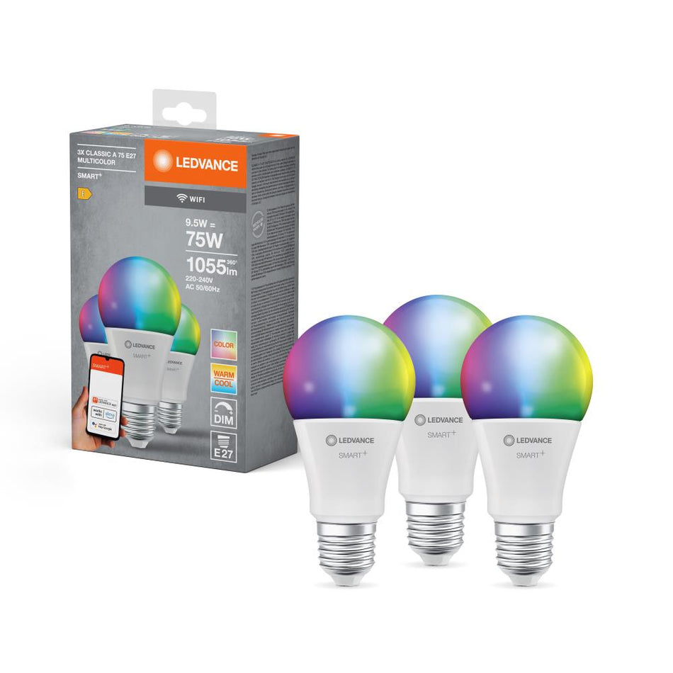 3 x 9,5W LEDVANCE WiFi SMART+ LED E27 Leuchtmittel RGBW Farbwechsel dimmbar wie 75W 2700-6500K