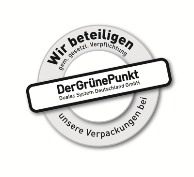 Wir beteiligen uns gem. gesetzl. Verpflichtung mit unseren Verpackungen bei Der Grüne Punkt – Duales System Deutschland GmbH